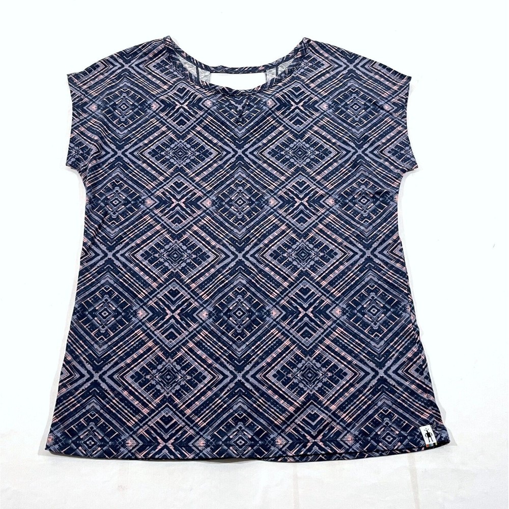 Smartwool Women Blue Peach Geo Short Sleeve Knit Merino Wool Tshirt Top Sz M